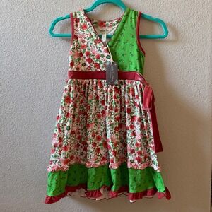 Matilda Jane Girls Floral Knot Dress Red Green Velvet Ruffle Hem Size 8Y NWT